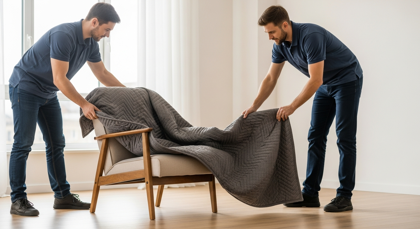 Équipe de déménageurs professionnels emballant du mobilier avec des couvertures de protection