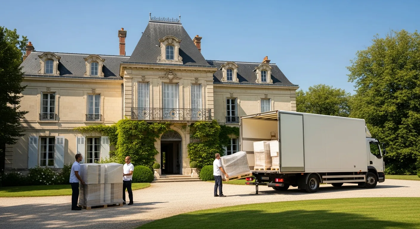 Camion de déménagement devant une grande propriété familiale