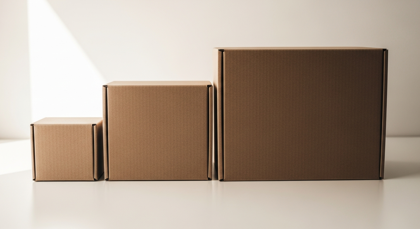 Trois tailles de cartons de déménagement côte à côte sur fond blanc